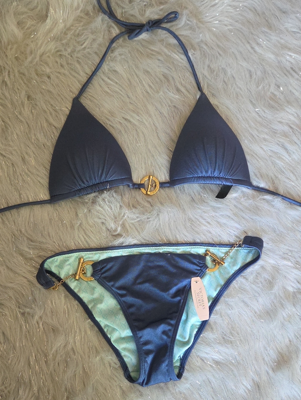 Victoria's Secret Navy Triangle Bikini with Gold Accents